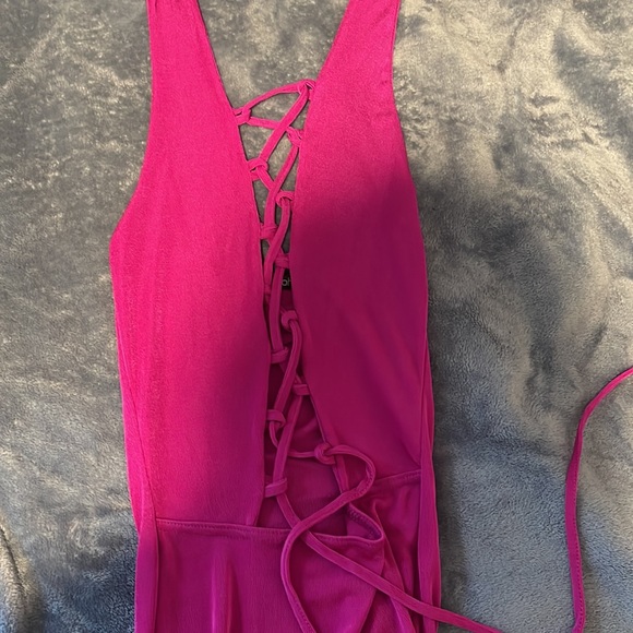 Hot Pink mini dress with crisscross in the cleavage area down to the front. - Picture 5 of 6